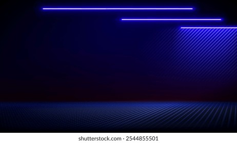 Studio interior with carbon fiber texture. Modern carbon fiber textured blue black interior with light. Background for mounting, product placement. Vector mockup, background, template