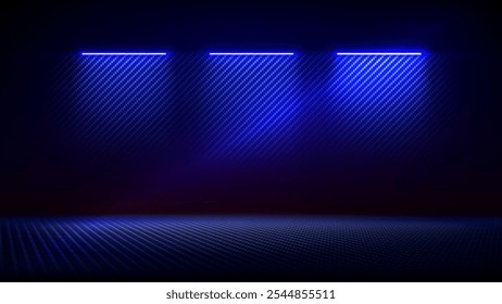 Studio interior with carbon fiber texture. Modern carbon fiber textured blue black interior with light. Background for mounting, product placement. Vector mockup, background, template