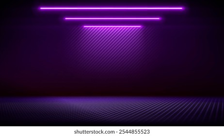 Studio interior with carbon fiber texture. Modern carbon fiber textured pink purple black interior with light. Background for mounting, product placement. Vector mockup, background, template