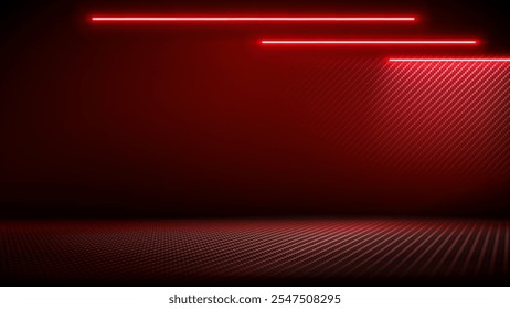 Studio interior with carbon fiber texture. Modern carbon fiber textured red black interior with light. Background for mounting, product placement. Vector background, template, mockup