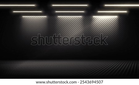 Studio interior with carbon fiber texture. Modern carbon fiber textured black interior with light. Dark background for mounting, product placement. Vector mockup, background, template