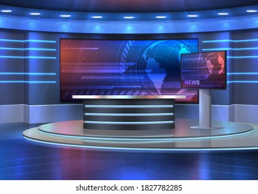 Studio interior for news broadcasting, vector empty placement with anchorman table on pedestal, digital screens for video presentation and neon glowing illumination. Realistic 3d breaking news studio