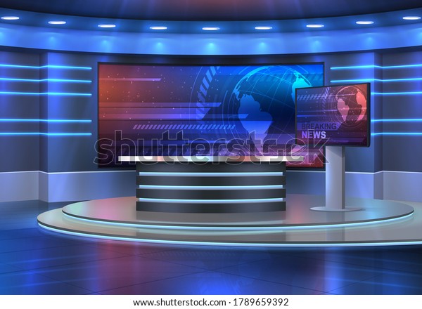 Studio interior for news broadcasting, vector\
empty placement with anchorman table on pedestal, digital screens\
for video presentation and neon glowing illumination. Realistic 3d\
breaking news studio