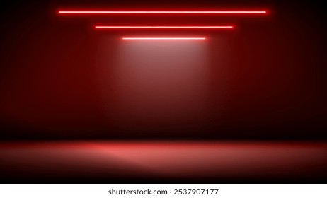 Studio interior, stage with neon, led lighting. Background, backdrop for mounting, product placement. Modern red black interior with light. Design element. Vector background, template, mockup