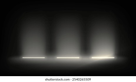 Studio interior, stage with neon, led lighting. Dark background, backdrop for mounting, product placement. Modern black interior with light. Design element. Vector background, template, mockup