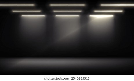 Studio interior, stage with neon, led lighting. Dark background, backdrop for mounting, product placement. Modern black interior with light. Design element. Vector background, template, mockup