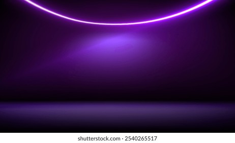 Studio interior, stage with neon, led lighting. Background. Modern pink purple black interior with light. Backdrop for mounting, product placement. Design element. Vector background, template, mockup