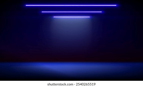 Studio interior, stage with neon, led lighting. Background. Modern blue black interior with light. Backdrop for mounting, product placement. Design element. Vector background, template, mockup