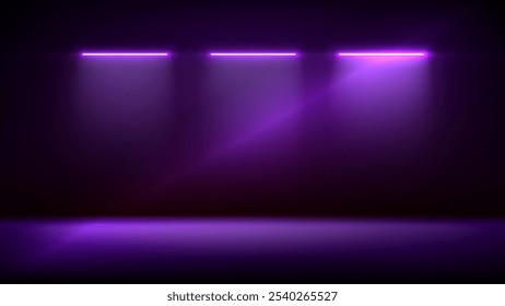 Studio interior, stage with neon, led lighting. Background. Modern pink purple black interior with light. Backdrop for mounting, product placement. Design element. Vector background, template, mockup