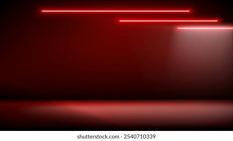 Studio interior, stage with neon, led lighting. Background, backdrop for mounting, product placement. Modern red black interior with light. Design element. Vector background, template, mockup