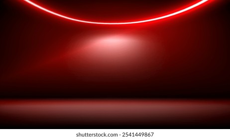 Studio interior, stage with neon, led lighting. Background, backdrop for mounting, product placement. Modern red black interior with light. Design element. Vector background, template, mockup