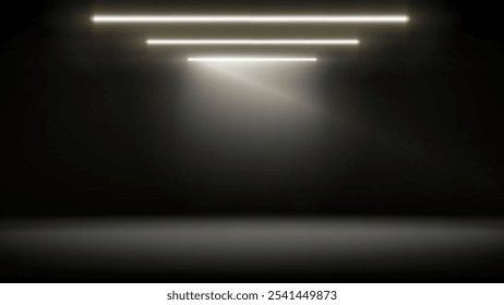 Studio interior, stage with neon, led lighting. Dark background, backdrop for mounting, product placement. Modern black interior with light. Design element. Vector background, template, mockup