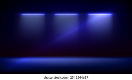 Studio interior, stage with neon, led lighting. Background. Modern blue black interior with light. Backdrop for mounting, product placement. Design element. Vector background, template, mockup