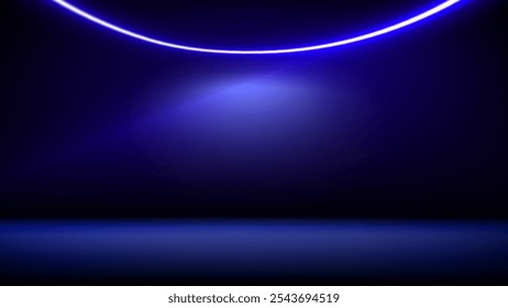 Studio interior, stage with neon, led lighting. Background. Modern blue black interior with light. Backdrop for mounting, product placement. Design element. Vector background, template, mockup