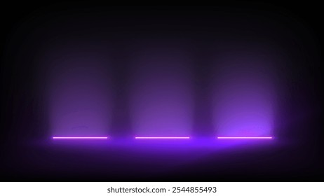 Studio interior, stage with neon, led lighting. Background. Modern pink purple black interior with light. Backdrop for mounting, product placement. Design element. Vector background, template, mockup