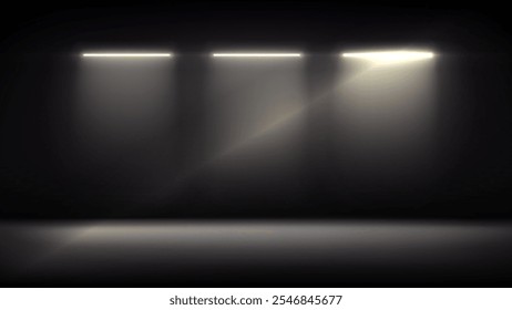 Studio interior, stage with neon, led lighting. Dark background, backdrop for mounting, product placement. Modern black interior with light. Design element. Vector background, template, mockup