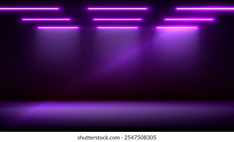 Studio interior, stage with neon, led lighting. Background. Modern pink purple black interior with light. Backdrop for mounting, product placement. Design element. Vector background, template, mockup