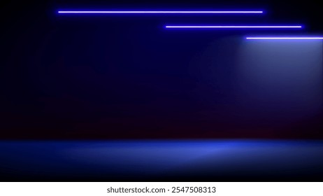 Studio interior, stage with neon, led lighting. Background. Modern blue black interior with light. Backdrop for mounting, product placement. Design element. Vector background, template, mockup