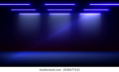 Studio interior, stage with neon, led lighting. Background. Modern blue black interior with light. Backdrop for mounting, product placement. Design element. Vector background, template, mockup