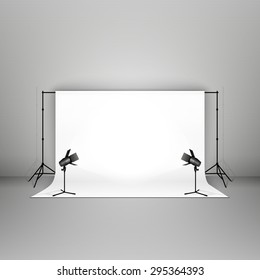 Studio interior with white backdrop and spot lights on grey background. Vector illustration.