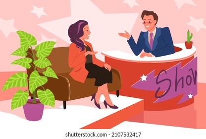 Studio interview and discussion with celebrity guest in TV show vector illustration. Cartoon man presenter and female character talk, woman sitting in chair. Journalism, television channel concept