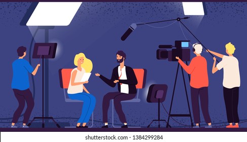 Studio interview. Host journalist tv broadcasting camera professional crew cameraman television interview reporter vector concept