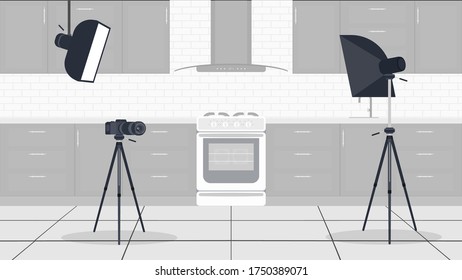 Studio for kitchen vlogs. Stylish kitchen in a flat style. Kitchen cabinets, stove, oven, video camera, softbox. Background for cooking vlogs. Vector.
