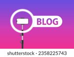 Studio lamp light ring, selfie photo camera stick. Realistic Detailed 3d Led Ring Lamp Blogging Background Concept. Vector illustration