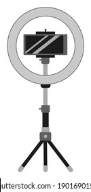Studio lamp light ring, selfie photo camera stick. Flat vector illustration