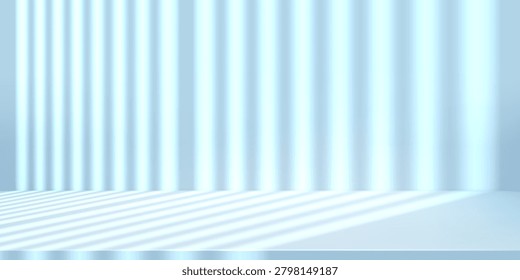 Studio light blue bg, minimal abstract background of vertical sunblind gobo texture. Product limbo with gradient wall for sunlight luxury shadow. Elegant office table stand, summer room stage backdrop