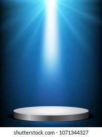 Studio light rays with white podium on blue background. Vector illustration
