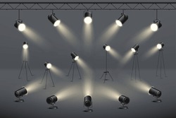Studio Light, Stage Spotlights, 3d Lamps. Concert Or Movie Equipment, Photo Spot Lights Hanging And Standing, Realistic Video Scene Effect, Projector Illumination. Vector Illustration Design