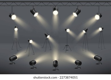 Studio light, stage spotlights, 3d lamps. Concert or movie equipment, photo spot lights hanging and standing, realistic video scene effect, projector illumination. Vector illustration design