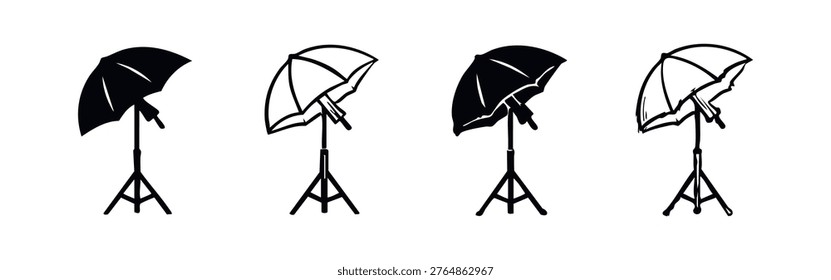 Studio Light Umbrella Icon Set. Photography Flash Softbox and Stand Symbols. Photo Equipment Vector Illustrations.