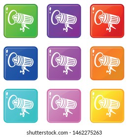 Studio lighting equipment icons set 9 color collection isolated on white for any design