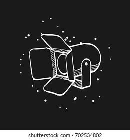 Studio lighting icon in doodle sketch lines. Photography concert instrument lamp halogen