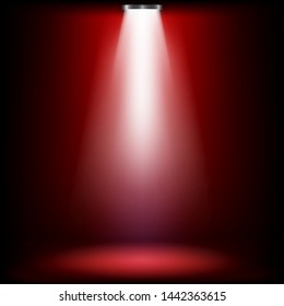 Studio lights for awards ceremony with red light.  spotlights illuminate shines on the stage. Vector illustration. 