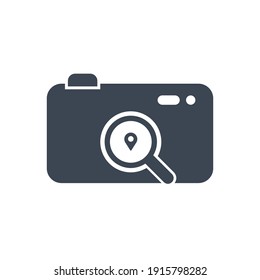 Studio location, camera pin, photography address and location icon. Photo studio map location icon.