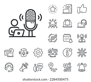 Señal de micrófono de estudio. Coloque los iconos de la ubicación, la tecnología y el contorno del altavoz inteligente. Icono de línea de podcast. Símbolo de micrófono de registro de voz. Signo de línea de podcast. Influenciador, icono del embajador de la marca. Vector