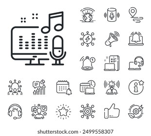 Studio mic sign. Place location, technology and smart speaker outline icons. Podcast line icon. Voice record microphone symbol. Podcast line sign. Influencer, brand ambassador icon. Vector