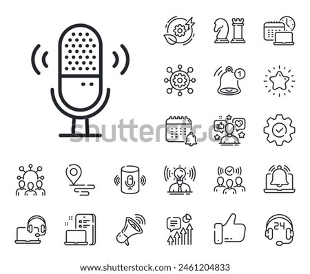 Studio mic sign. Place location, technology and smart speaker outline icons. Microphone line icon. Voice record device symbol. Microphone line sign. Influencer, brand ambassador icon. Vector