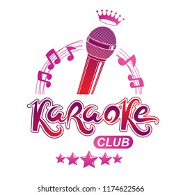 Studio microphone audio equipment composed with royal crown and musical notes, can be used as vector emblem for karaoke club advertising and nightclub discotheque invitation poster.