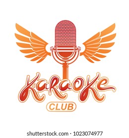 Studio microphone audio equipment created using bird wings, live music concert vector invitation emblem. Music and art makes you free, karaoke club lettering.
