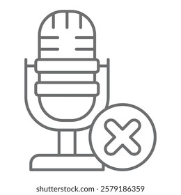 Studio microphone ban thin line icon, prohibited items concept. Vector graphics. Sound recording forbidden sign on white background, outline style icon for mobile or web design