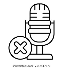 Studio microphone ban thin line icon, prohibited items concept. Vector graphics. Sound recording forbidden sign on white background, linear style for mobile or design