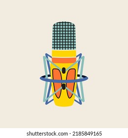 Studio microphone clip art in modern flat line style. Hand drawn vector illustration of mouthpiece, transmitter, mike, podcast, broadcast studio misc, mic. Music vintage equipment, retro element.