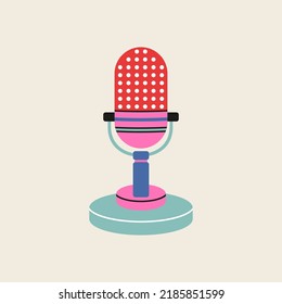 Studio microphone clip art in modern flat line style. Hand drawn vector illustration of mouthpiece, transmitter, mike, podcast, broadcast studio misc, mic. Music vintage equipment, retro element.