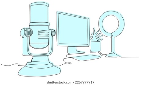 Studio microphone with a computer and a lamp in one line on a white background. The concept of the audio streamer and podcaster workplace. Stock vector illustration with editable stroke.
