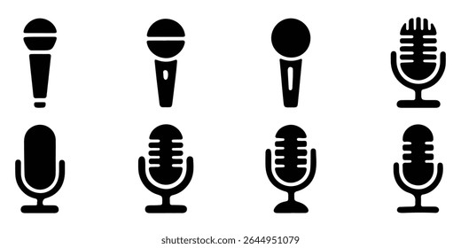 Studio Microphone Cut File Retro Microphone Radio Station Gravação de Música Radio Rec. Ícones de microfone definidos. ícone de microfone variante. Microfone de Karaokê. Microfones de podcast. 