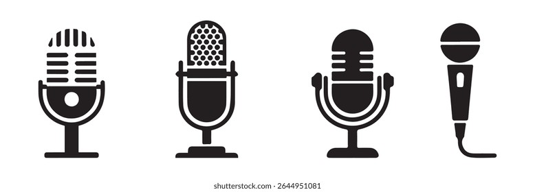 Studio Microphone Cut File Retro Microphone Radio Station Gravação de Música Radio Rec. Ícones de microfone definidos. ícone de microfone variante. Microfone de Karaokê. Microfones de podcast. 
